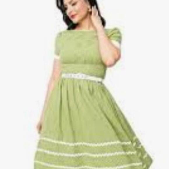 Unique Vintage 1950s Green Boatneck Ricrac Swing DressSz M #28 - Picture 3 of 5
